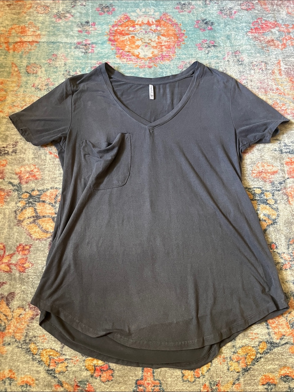 Grey Velvet V-Neck Pocket Tee - Dark Grey